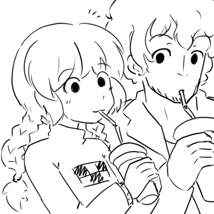 1girl catherine_(game) checkered couple crossover drawfag drink facial_hair madotsuki monochrome sipping straw stubble vincent_brooks yume_nikki