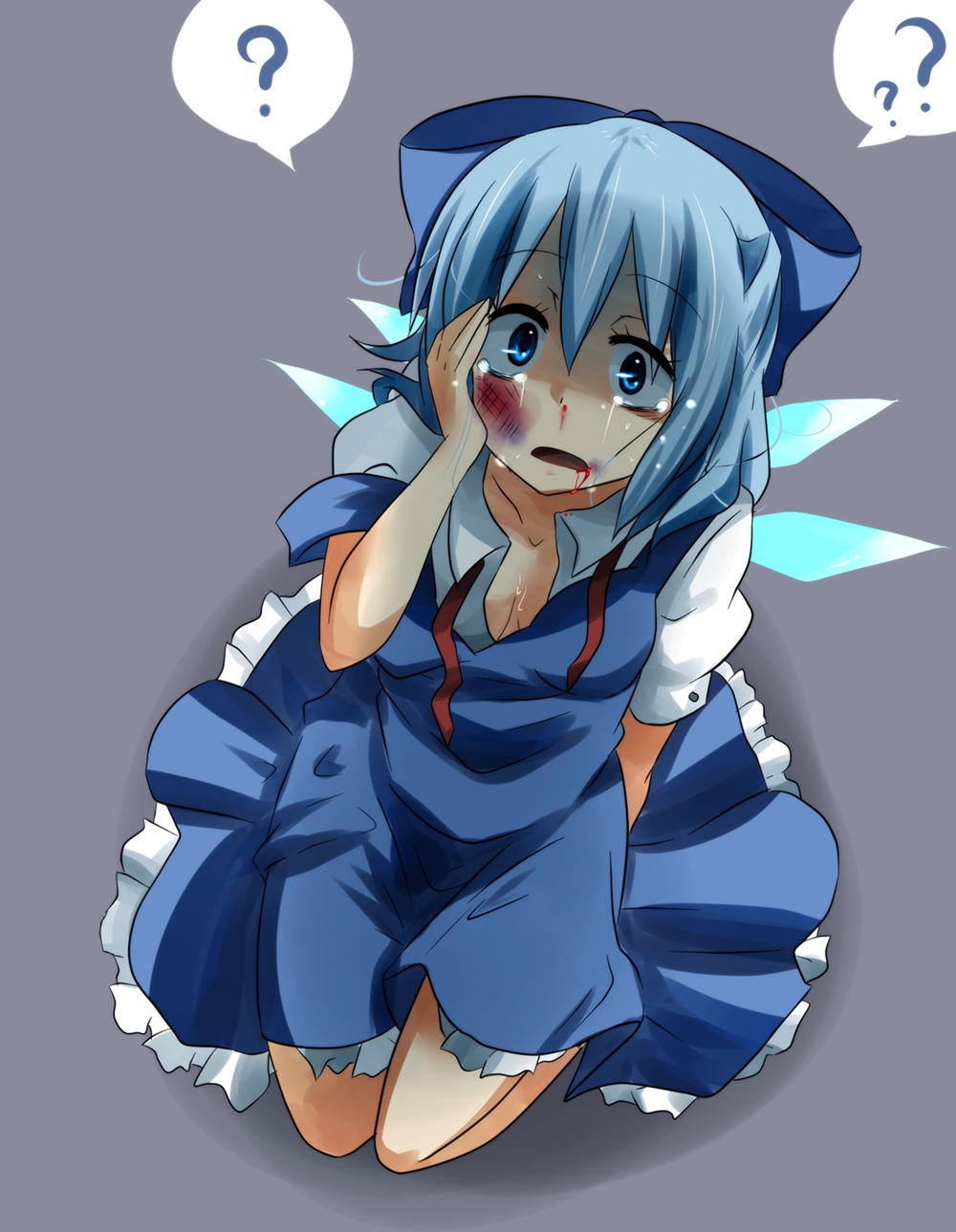 ? abuse blood blood_in_mouth blood_on_face blue_dress blue_eyes blue_hair bruise cirno dress grey_background hand_on_cheek hand_on_own_cheek hand_on_own_face highres injury negiko nosebleed open_mouth pov shocked_eyes short_hair simple_background sitting solo tears touhou wings