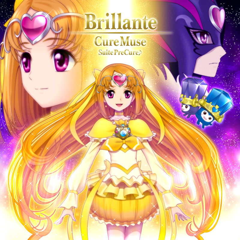 3girls bow brooch bubble_skirt character_name choker circlet cure_muse cure_muse_(black) cure_muse_(yellow) dual_persona fairy_tone hair_ribbon heart jewelry long_hair magical_girl mask multiple_girls multiple_persona musical_note mysterious_precure_(suite_precure) orange_hair precure purple_eyes ribbon sekken_kasu_barrier shirabe_ako sparkle spoilers suite_precure title_drop twintails violet_eyes