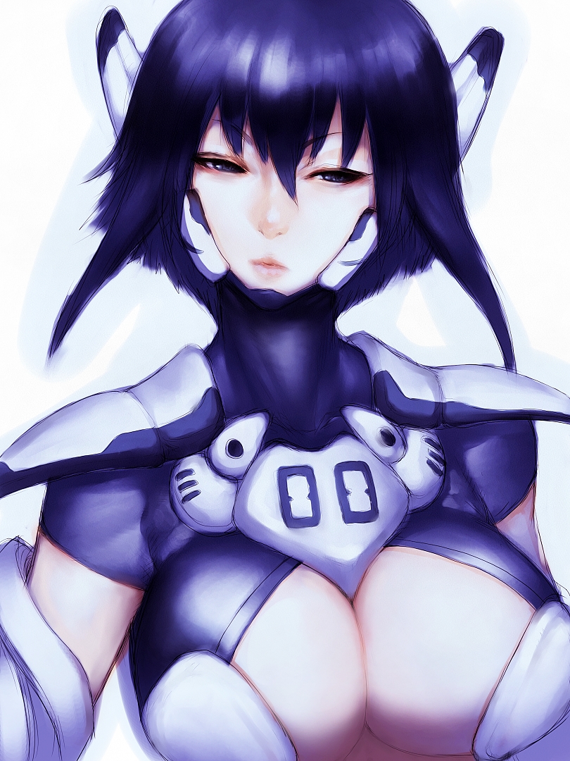 blue_hair bodysuit breasts cleavage cleavage_cutout fumio_(rsqkr) humio lips original robot_ears short_hair solo