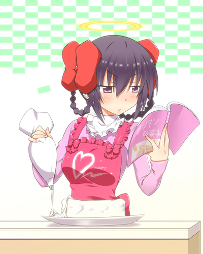 ayukawa_tenri baking black_hair book bow braid cake cooking diana_(kaminomi) food goddess hair_bow halo kami_nomi_zo_shiru_sekai lowres purple_eyes solo twin_braids violet_eyes