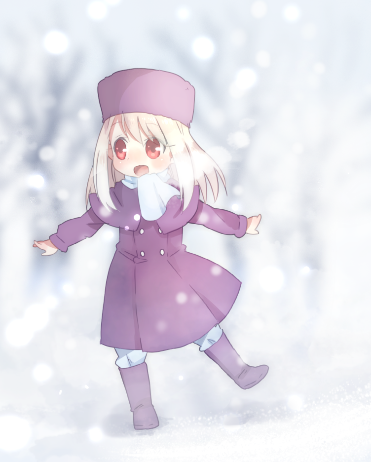 bad_id blush boots breath child fate/stay_night fate/zero fate_(series) fur_hat hat illyasviel_von_einzbern jacket open_mouth outstretched_arms red_eyes scarf snow solo spread_arms standing_on_one_leg sunameri_oishii white_hair young