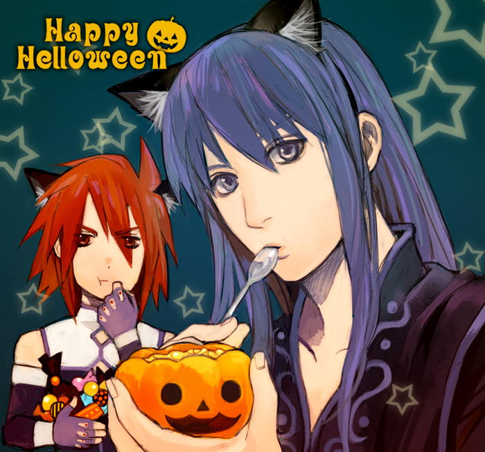 :t animal_ears blue_background blue_eyes blue_hair candy cat_ears eating gloves halloween happy_halloween jack-o'-lantern jack-o'-lantern kapipa kemonomimi_mode kratos_aurion long_hair male multiple_boys pumpkin red_eyes red_hair redhead spoon star tales_of_(series) tales_of_symphonia tales_of_vesperia yuri_lowell