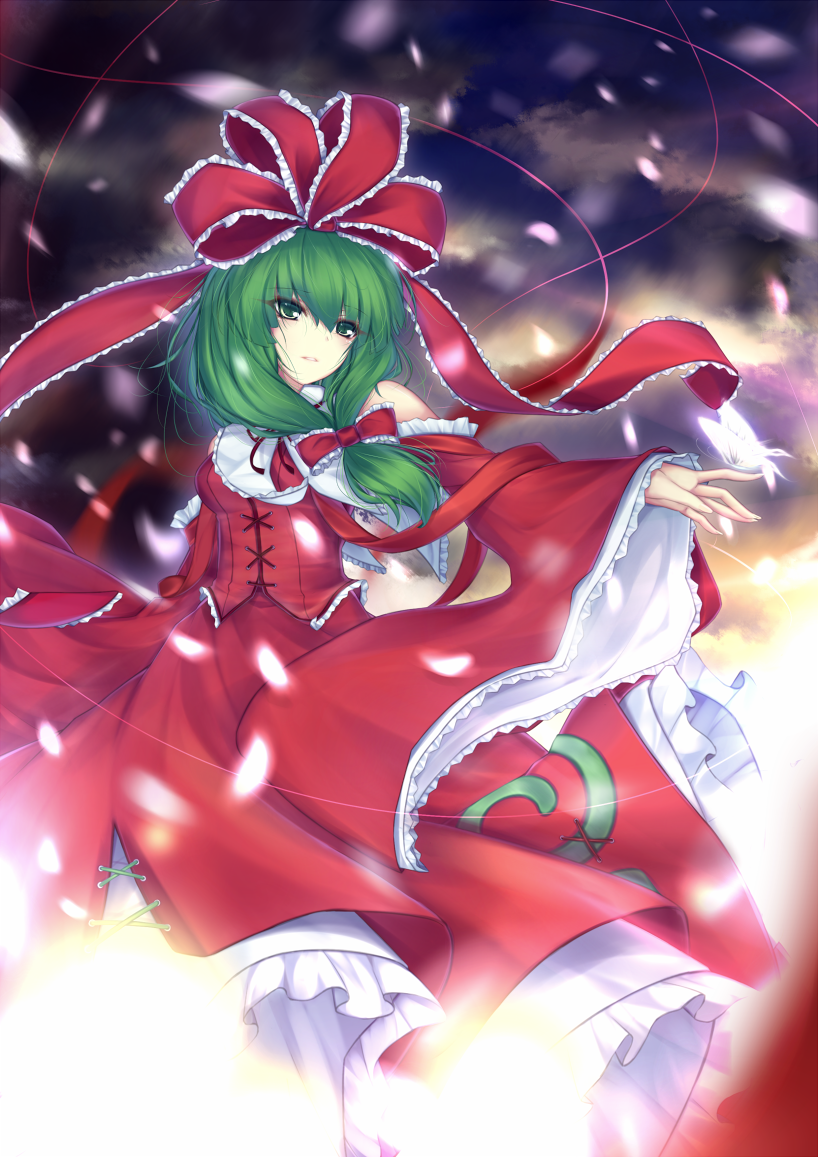 adapted_costume alternate_costume bare_shoulders bow breasts butterfly detached_sleeves dress frills front_ponytail green_eyes green_hair hair_bow hair_ribbon kagiyama_hina petals ribbon scarlethy solo string touhou