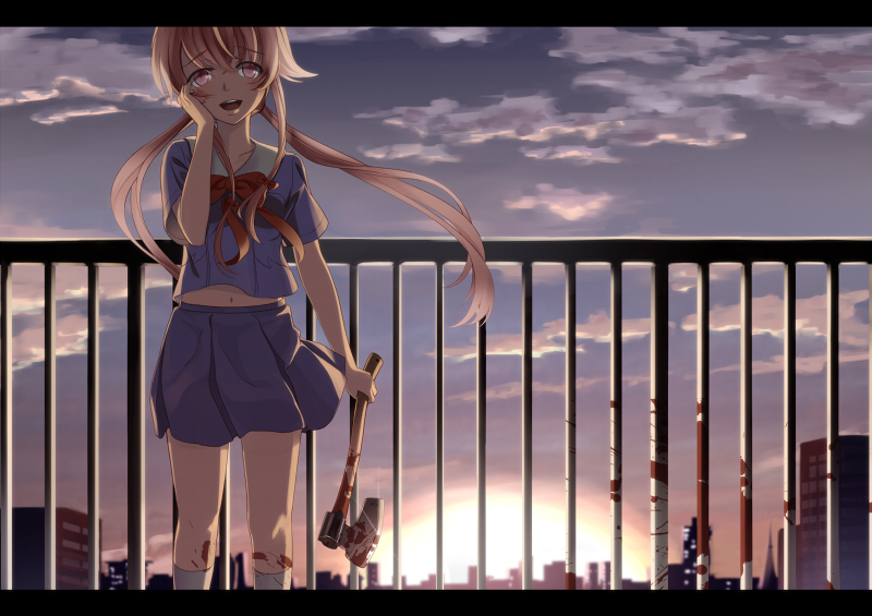 axe backlighting blood blood_stain bow cityscape cloud footwear gasai_yuno hand_on_own_face hand_to_face letterboxed long_hair looking_at_viewer mirai_nikki navel open_mouth pink_eyes pink_hair railing rooftop school_uniform skirt sky socks solo sun sunset supertie twintails weapon western_hatchet white_legwear yandere