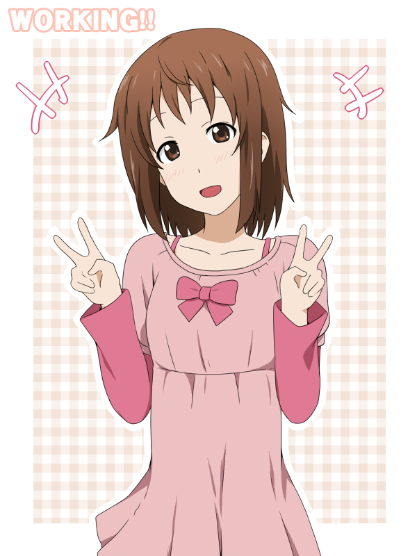 brown_eyes brown_hair casual double_v dress ikari_manatsu open_mouth short_hair simple_background smile solo takanashi_nazuna title_drop v working!!