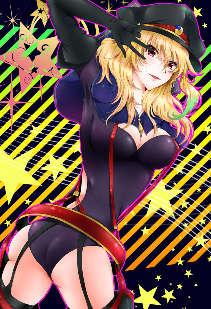 ass belt black_legwear blonde_hair breasts capelet cleavage cosplay crossover garter_straps gradient_hair green_hair hat kiraboshi_(star_driver) kurobe_sclock large_breasts leotard long_hair looking_back milla_maxwell multicolored_hair red_eyes solo star star_driver tales_of_(series) tales_of_xillia thigh-highs thighhighs v v_over_eye watanabe_kanako watanabe_kanako_(cosplay)