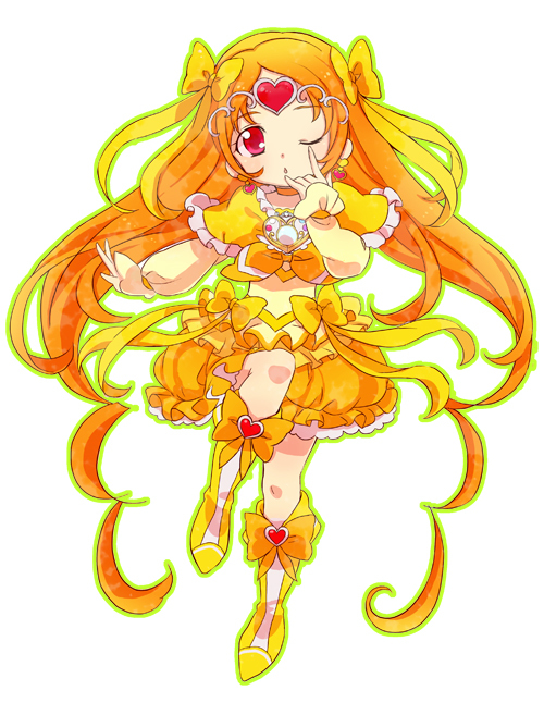 \m/ boots bow brooch bubble_skirt choker circlet cure_muse cure_muse_(yellow) dress earrings frills hair_ribbon jewelry long_hair magical_girl mofuko orange_hair precure red_eyes ribbon ruffles shirabe_ako solo suite_precure white_background wink yellow yellow_dress
