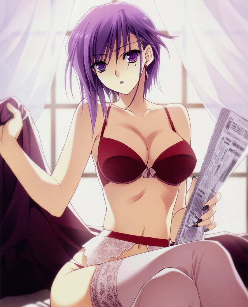 artist_request bra breasts character_request cleavage crossed_legs garter_belt lace lace-trimmed_thighhighs large_breasts legs lingerie lipstick looking_at_viewer makeup mole nail_polish newspaper panties phantom_breaker purple_eyes purple_hair sitting source_request suzuhira_hiro thigh-highs thighhighs thighs toujou_ria underwear white_legwear
