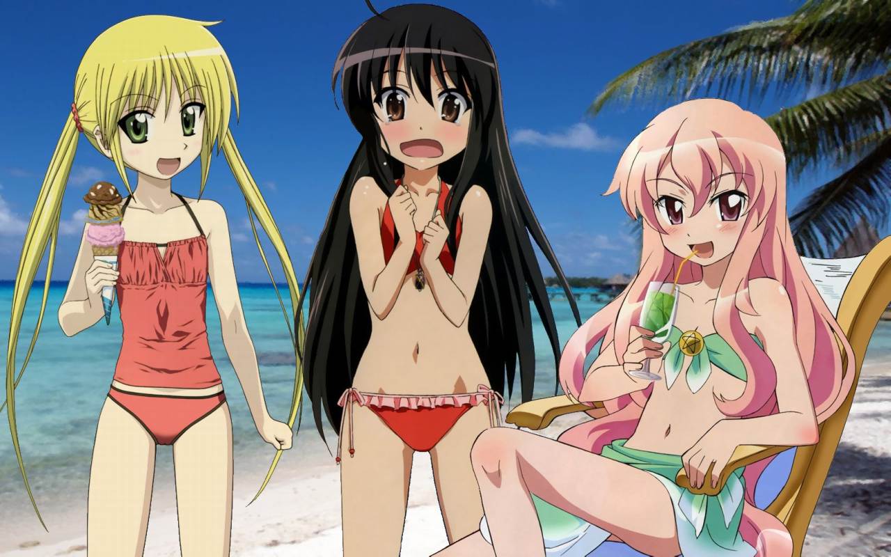 ahoge bikini blush crossover flat_chest hayate_the_combat_butler loli long_hair louise_francoise_le_blanc_de_la_valliere nagi_sanzenin shakugan_no_shana shana swimsuit twintails wallpaper zero_no_tsukaima