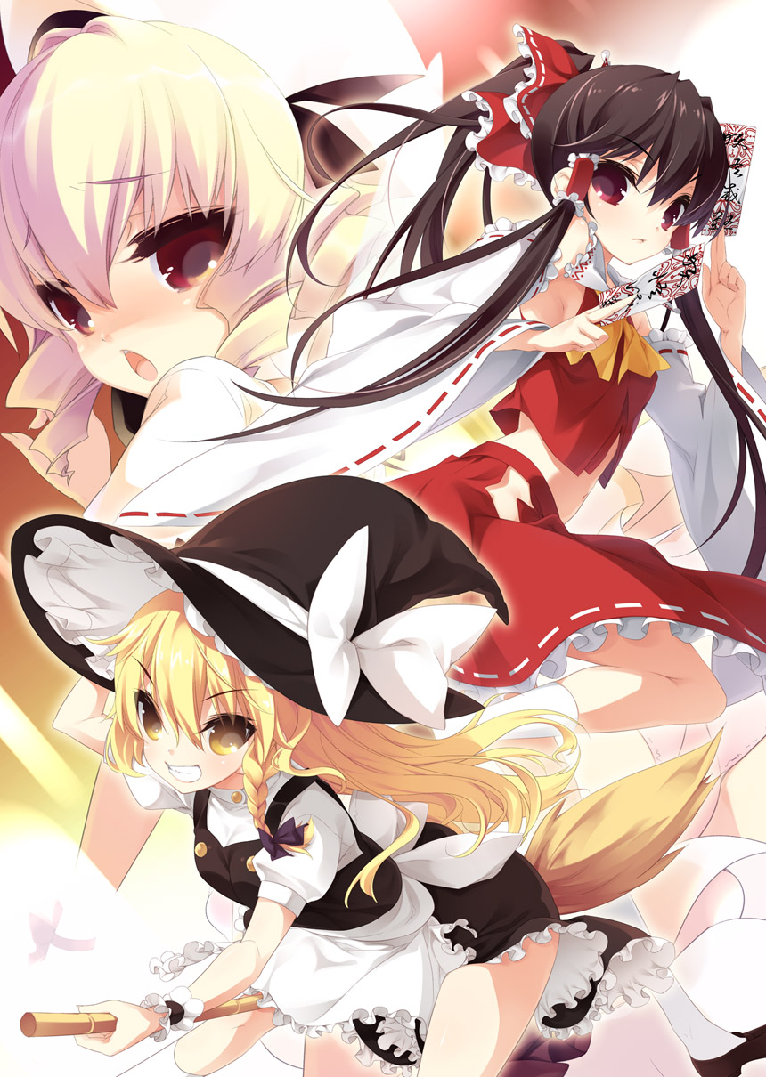 between_fingers blonde_hair bow broom broom_riding brown_hair detached_sleeves dress frills grin hair_bow hair_tubes hakurei_reimu hand_on_hat hat highres kirisame_marisa long_hair luna_child ofuda ponytail red_eyes show_(rinne) show_(rinnetenshow) smile touhou wide_sleeves witch witch_hat wrist_cuffs yellow_eyes