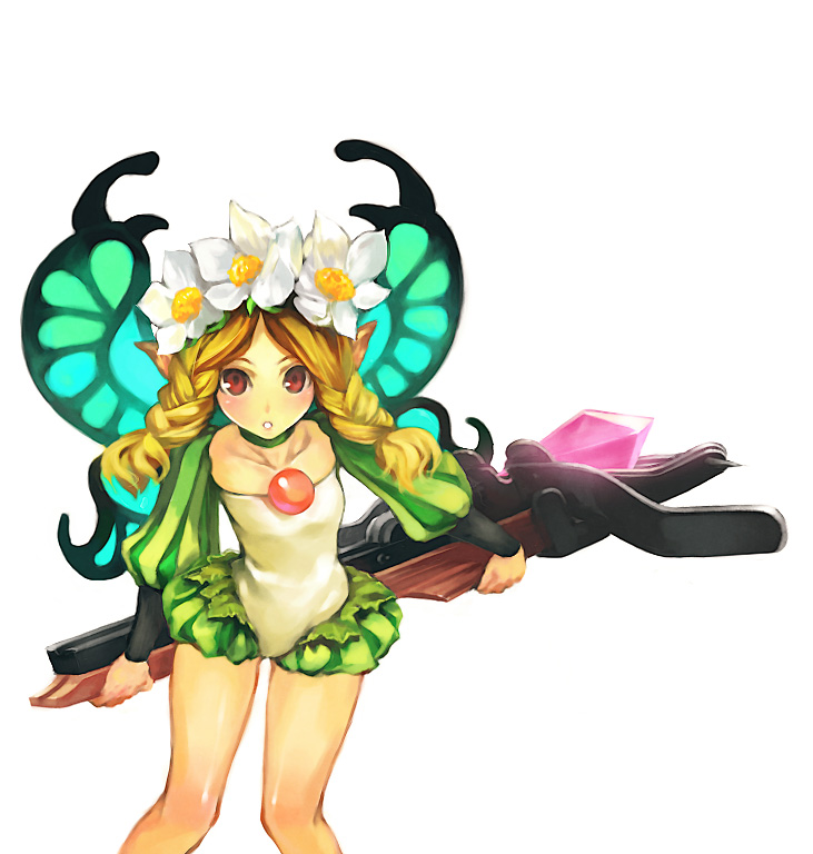 blonde_hair blush bow_(weapon) braid braids butterfly_wings crossbow elf flat_chest flower hair_flower hair_ornament loli long_hair mercedes odin_sphere odins_sphere plait pointy_ears puffy_sleeves red_eyes simosi simple_background solo twin_braids weapon white_background wings