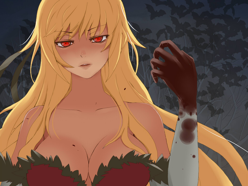 bakemonogatari bare_shoulders bat blonde_hair blood breasts cleavage hands kissshot_acerolaorion_heartunderblade lips long_hair monogatari_(series) red_eyes solo uni_(gugurutan)