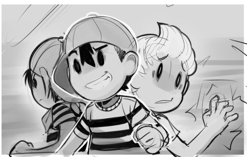 3boys baseball_cap hat lucas monochrome mother_(game) mother_1 mother_2 mother_3 multiple_boys ness ninten rough shirt sho-n-d striped striped_shirt