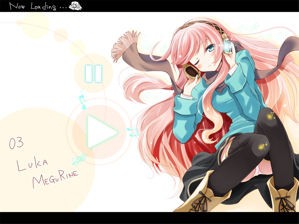 1girl bad_id blue_eyes blush boots female hands_on_headphones headphones komone_ushio long_hair megurine_luka one_eye_closed panties pantyshot pink_hair scarf skirt smile solo thighhighs underwear vocaloid white_panties wink