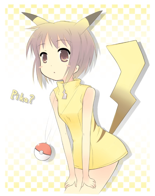 animal_ears bare_shoulders blush brown_eyes brown_hair checkered checkered_background cosplay costume flat_chest hand_on_leg nagato_yuki pikachu pikachu_(cosplay) poke_ball pokemon purple_hair short_hair skirt solo suzumiya_haruhi_no_yuuutsu tail