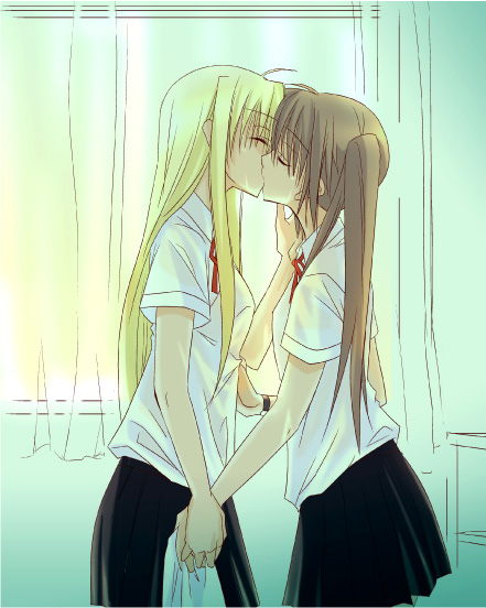 fate_testarossa kiss kissing long_hair mahou_shoujo_lyrical_nanoha mahou_shoujo_lyrical_nanoha_strikers multiple_girls muraya_yoshihisa mutual_yuri skirt takamachi_nanoha twintails uniform yuri