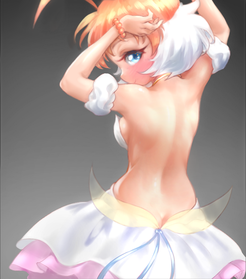 1girl ahoge artoise back ballerina blue_eyes blush breasts closed_mouth crown dress english_commentary jewelry looking_at_viewer princess_tutu princess_tutu_(character) short_hair simple_background smile solo tutu