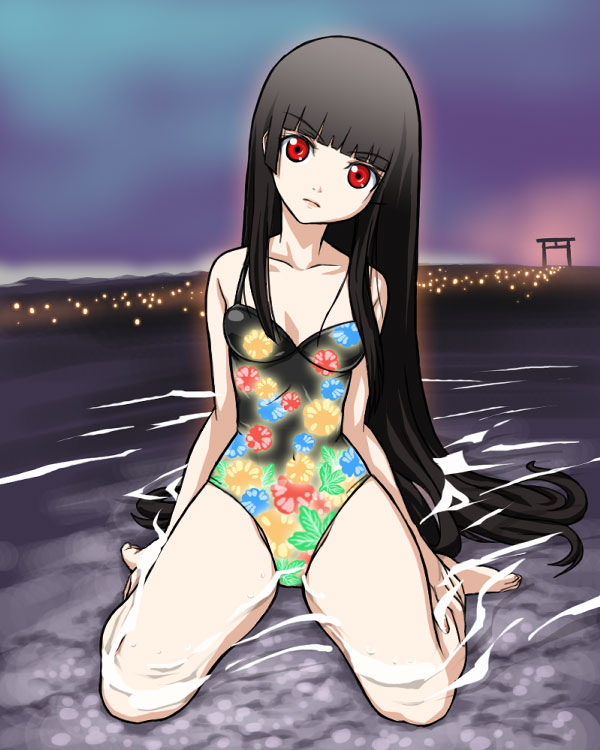 black_hair enma_ai hadime hajime_(caramel_toone) hime_cut jigoku_shoujo kneeling long_hair one-piece_swimsuit red_eyes submerged swimsuit water