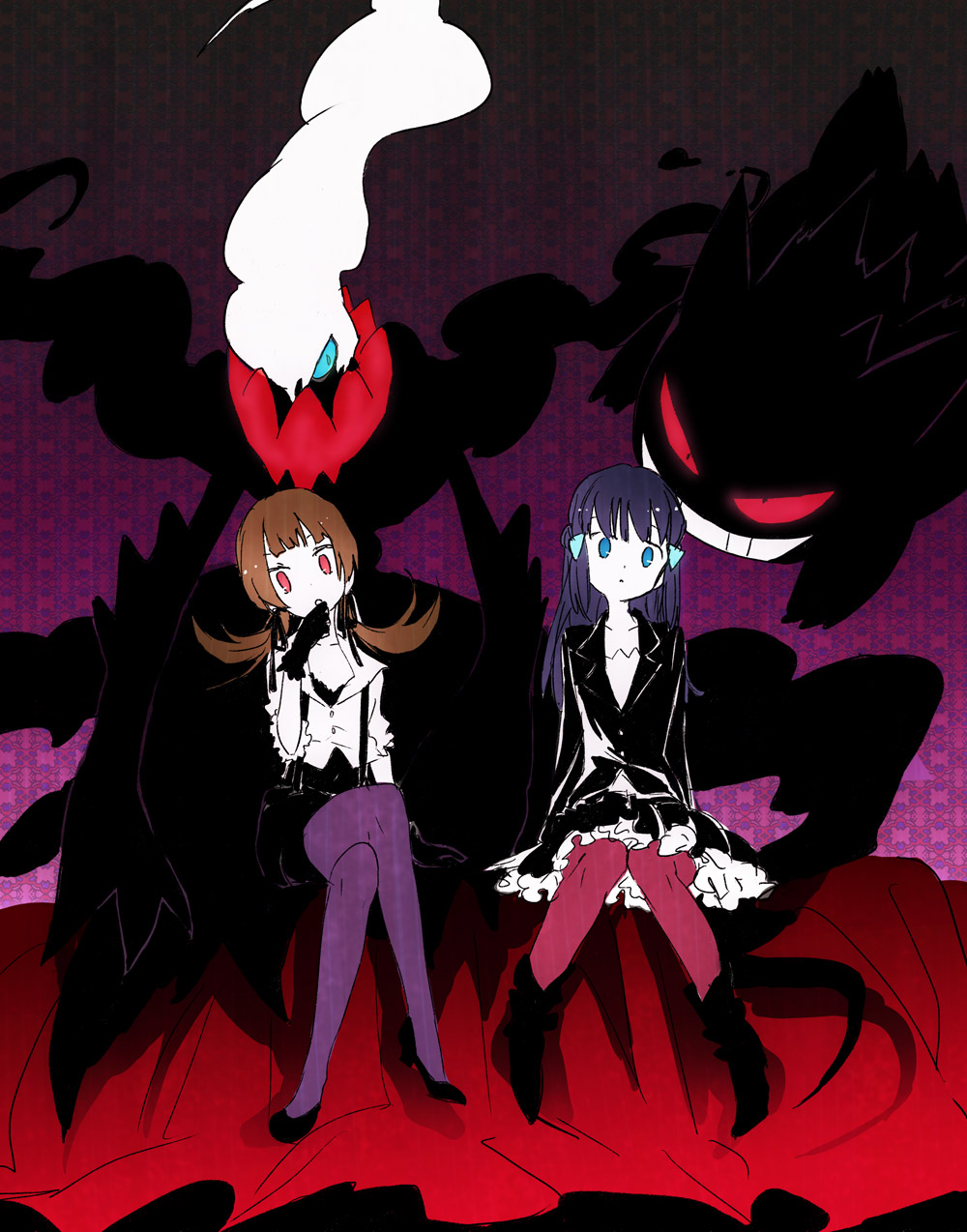 2girls blue_eyes brown_hair darkrai frills gengar gothic highres hikari_(pokemon) kotone_(pokemon) mind_control mokeo multiple_girls pantyhose pokemon pokemon_(creature) pokemon_(game) pokemon_dppt pokemon_gsc sitting