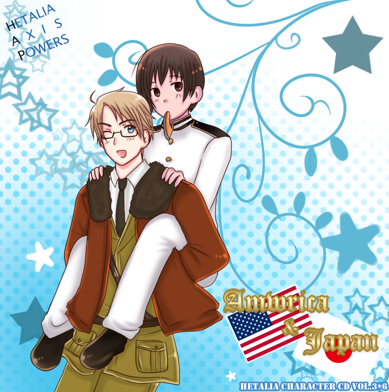 2boys america_(hetalia) axis_powers_hetalia black_hair blonde_hair blue_eyes brown_eyes glasses japan_(hetalia) piggyback short_hair sushi wink