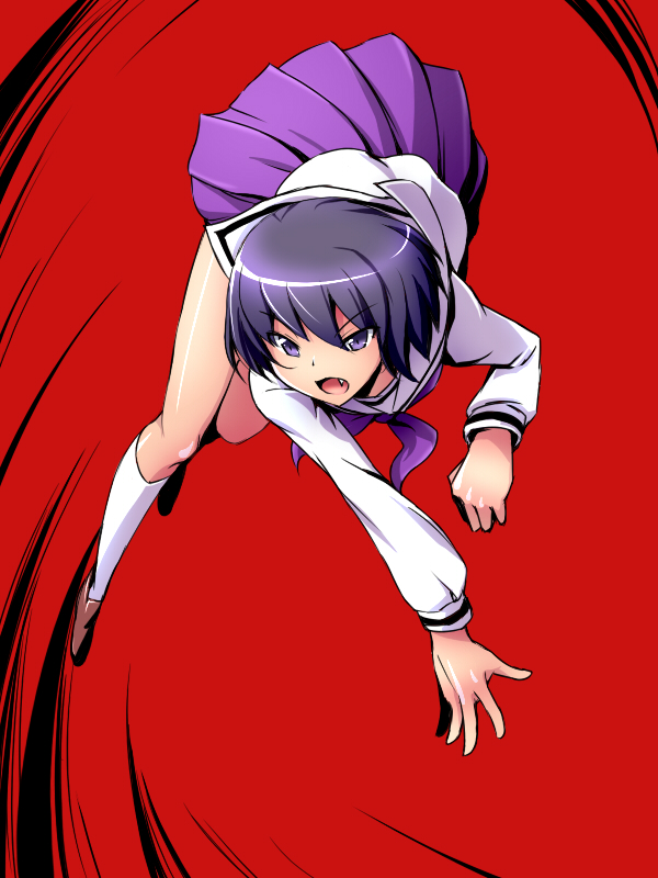 1girl black_hair clenched_hand collarbone dha dokurou_skull fang jumping kami_nomi_zo_shiru_sekai long_sleeves neckerchief open_mouth pleated_skirt red_background school_uniform serafuku shiny shiny_skin short_hair skirt socks solo violet_eyes white_legwear