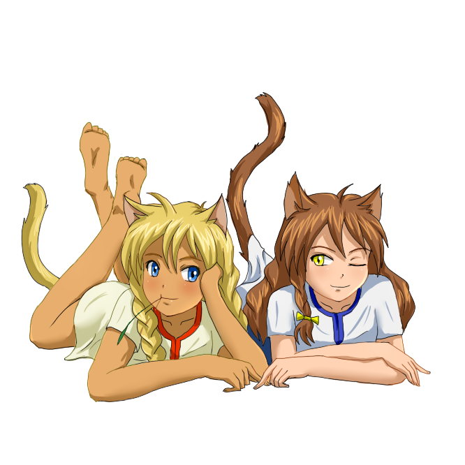 2girls animal_ears bare_feet barefoot blonde_hair blue_eyes braid brown_hair cat_ears cat_tail catgirl huyase long_hair lying mouth_hold multiple_girls on_stomach original slavya-chan smile tail twin_braids uvao-tan wink yellow_eyes