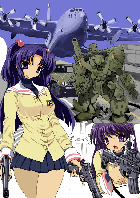 airplane assault_rifle clannad cocked_hammer colt_m1911 dual_wielding fujibayashi_kyou gun hair_bobbles hair_ornament handgun ichinose_kotomi juuyon m1911 m4_carbine mecha military pistol rifle school_uniform trigger_discipline two_side_up weapon