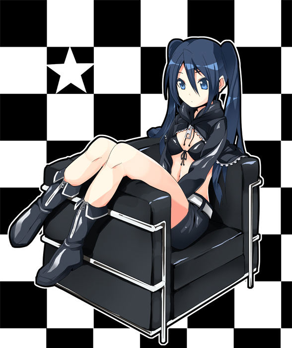 black_hair black_rock_shooter black_rock_shooter_(character) blue_eyes checkered checkered_background date_(artist) lc2 legs long_hair midriff shorts sitting star twintails very_long_hair