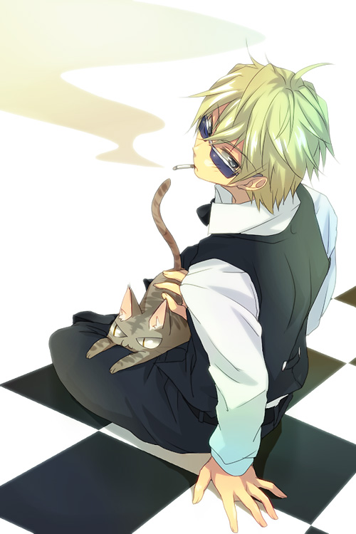 animal blonde_hair blush cat checkered checkered_floor cigarette durarara!! ekoo heiwajima_shizuo male pet solo sunglasses vest