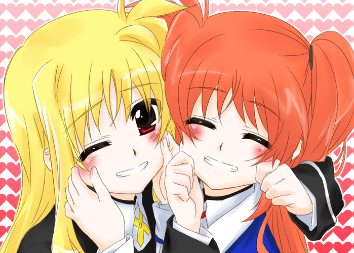 blonde_hair blush brown_hair cheek_pinch cheek_pinching closed_eyes fate_testarossa long_hair mahou_shoujo_lyrical_nanoha multiple_girls pinching red_eyes smile takamachi_nanoha tokoharu wink