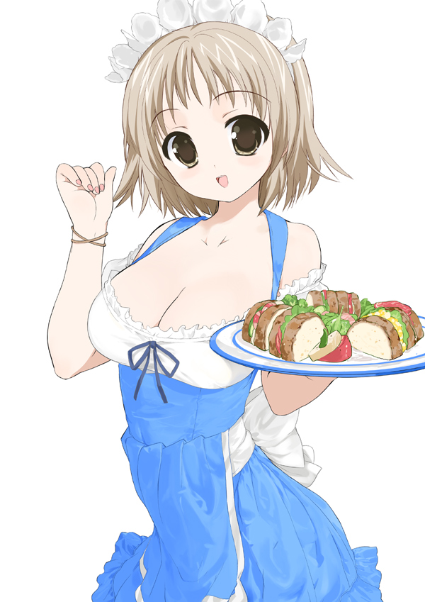 breasts brown_eyes brown_hair cleavage food hotaru_(baby_princess) kusaka kusaka_souji large_breasts oppai_loli sandwich short_hair waitress