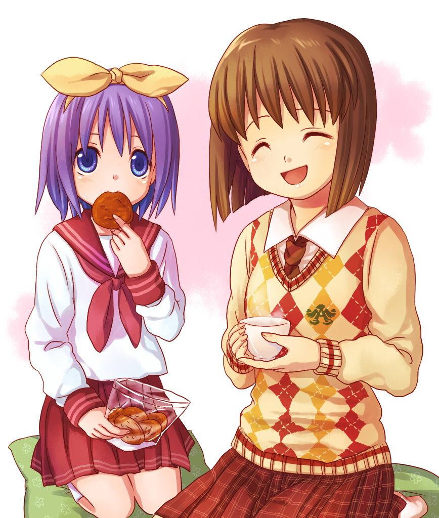 bad_id blue_eyes brown_hair closed_eyes college_of_angel_(idolmaster) cookie crossover cup cushion eating food hagiwara_yukiho hiiragi_tsukasa idolmaster kneeling lucky_star noel_(artist) plaid plaid_skirt purple_hair school_uniform serafuku short_hair skirt sweater sweater_vest teacup