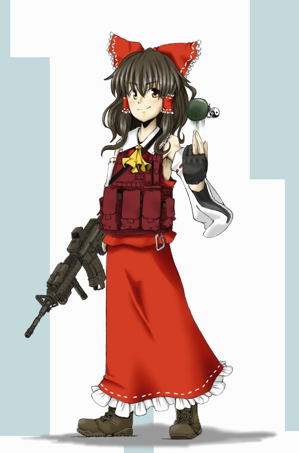 artist_request assault_rifle blush boots bow brown_hair dress explosive grenade gun hair_bow hakurei_reimu japanese_clothes load_bearing_vest long_hair m4_carbine mekahisui miko operator orb rifle smile solo tactical_vest touhou vertical_foregrip weapon yellow_eyes yin_yang