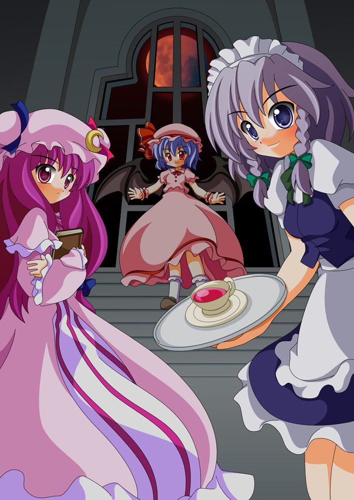 blue_hair cup full_moon grey_hair hat izayoi_sakuya moon multiple_girls patchouli_knowledge purple_hair red_moon remilia_scarlet shinjitsu stairs teacup touhou tray window