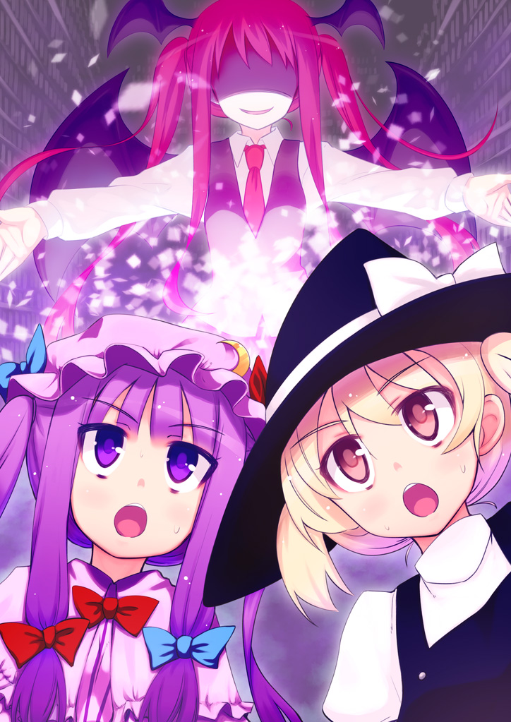 alternate_hairstyle bat_wings blonde_hair hat head_wings headwings kirisame_marisa koakuma long_hair looking_up no_eyes open_mouth outstretched_arms patchouli_knowledge pink_eyes purple_eyes purple_hair red_hair redhead shaded_face short_hair spread_arms touhou twintails violet_eyes wings witch_hat yellow_eyes