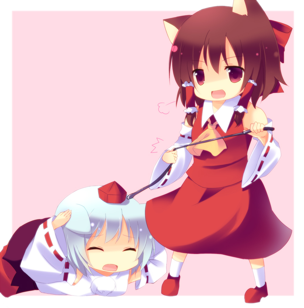 animal_ears bad_id brown_hair cat_ears closed_eyes cresc-dol detached_sleeves hakurei_reimu hat inubashiri_momiji kemonomimi_mode multiple_girls red_eyes silver_hair tokin_hat touhou whip wolf_ears