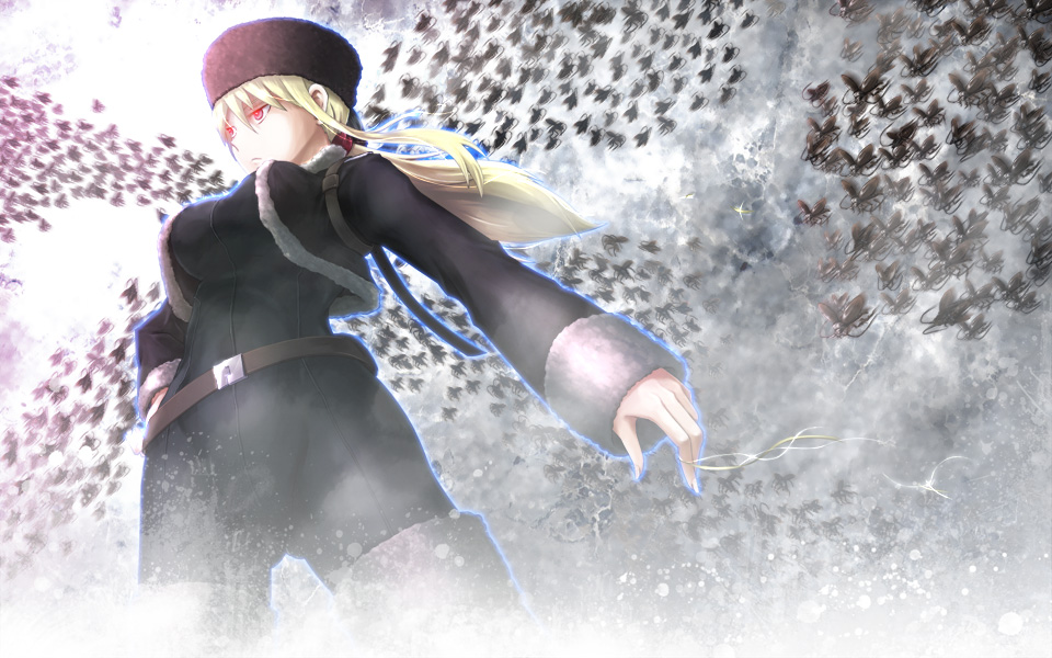 blonde_hair breasts cockroach darker_than_black fur_hat glowing glowing_eyes hand_on_hip hat insect large_breasts mura666 ponytail red_eyes skin_tight snow solo tanya_(darker_than_black)