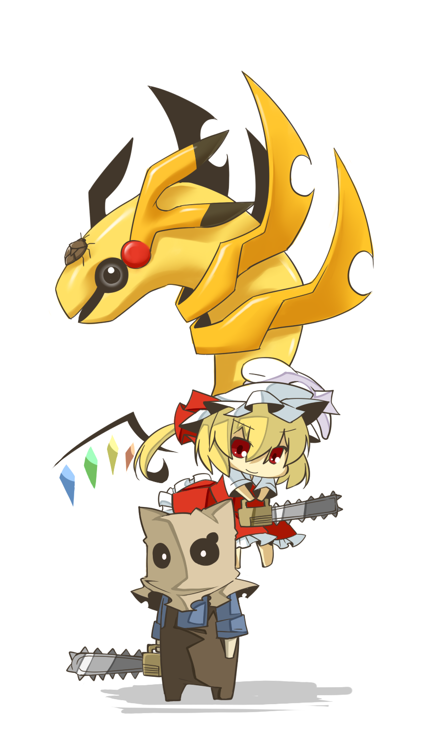bag bag_on_head chainsaw chibi crossover dr._salvador eiri_(eirri) flandre_scarlet fusion giratina hair_ribbon hat highres insect paper_bag pikachu pokemon pokemon_(creature) pokemon_(game) pokemon_dppt resident_evil resident_evil_4 ribbon side_ponytail touhou wings