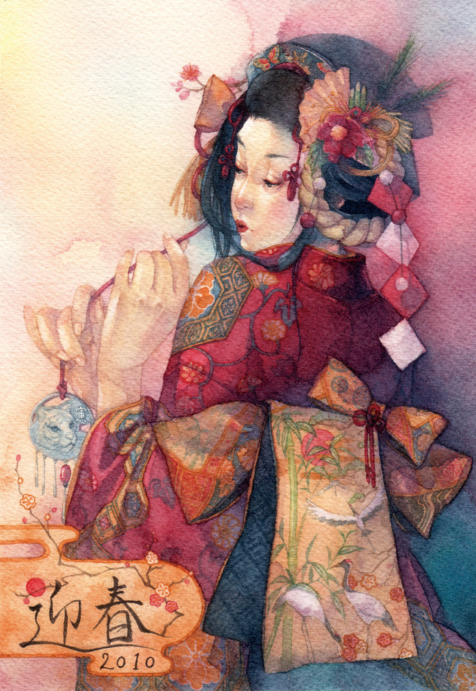 2010 hexagon japanese_clothes kimono looking_back original shuka_(taupe) solo traditional_media watercolor_(medium)