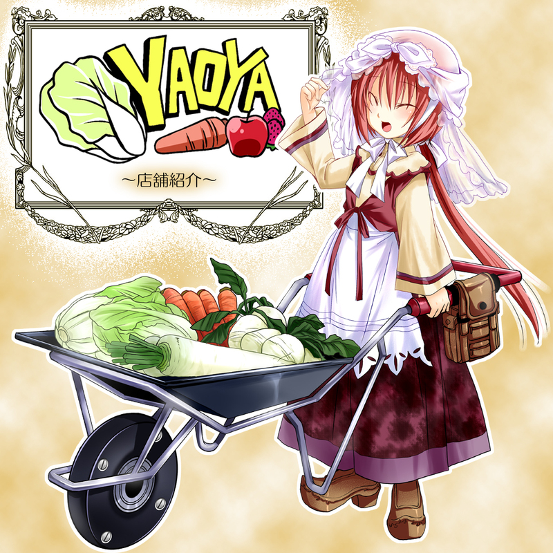 bad_id carrot daikon dress kanna_(plum) lettuce long_hair original ponytail red_hair redhead solo vegetable wheelbarrow