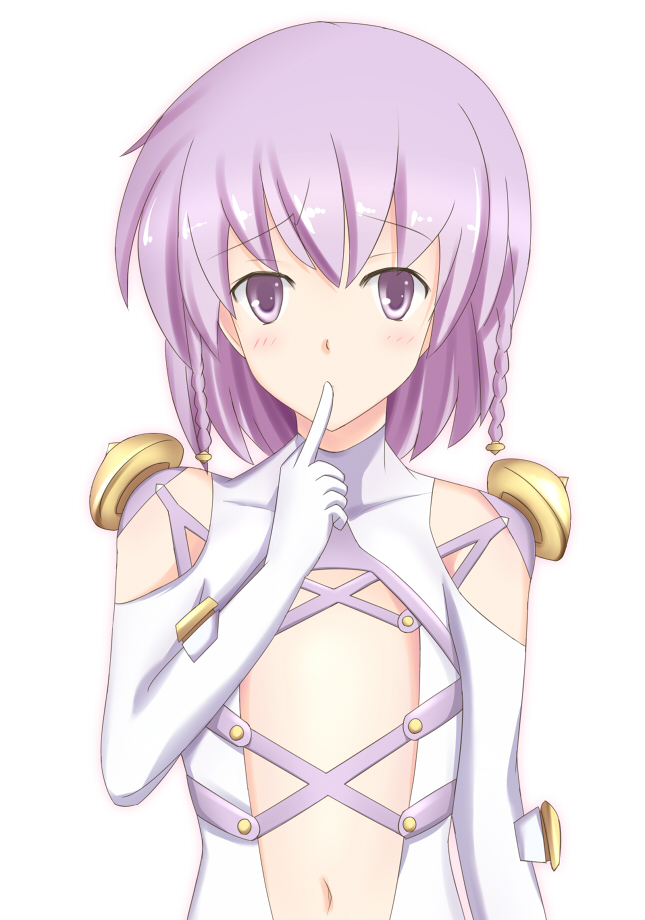 ar_tonelico_iii bare_shoulders blush bodysuit braid finger_to_mouth flat_chest gust navel purple_eyes purple_hair shizufa short_hair simple_background skin_tight solo tilia twin_braids violet_eyes
