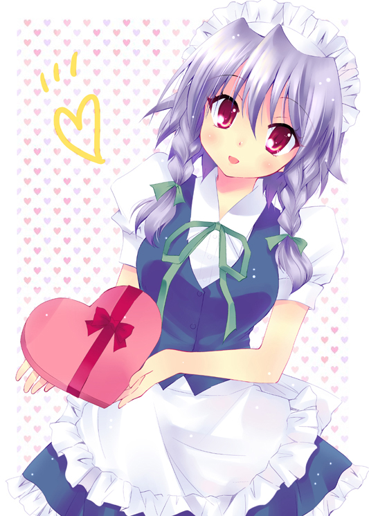 1girl aya_ojo bow gift grey_hair hair_bow heart holding holding_gift hoshino_madoka incoming_gift izayoi_sakuya maid maid_headdress red_eyes ribbon short_hair solo touhou valentine