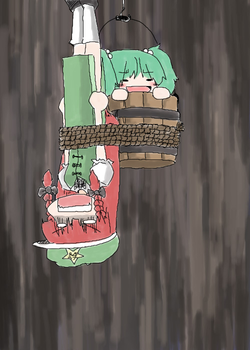 braid bucket chain chains china_dress chinese_clothes falling girl_in_bucket green_eyes green_hair hanging hong_meiling in_bucket in_container kisume multiple_girls rope touhou twin_braids