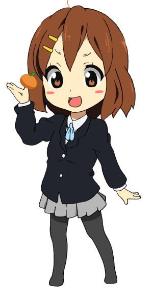 bad_id brown_eyes brown_hair chibi food fruit hirasawa_yui k-on! orange pantyhose school_uniform short_hair solo