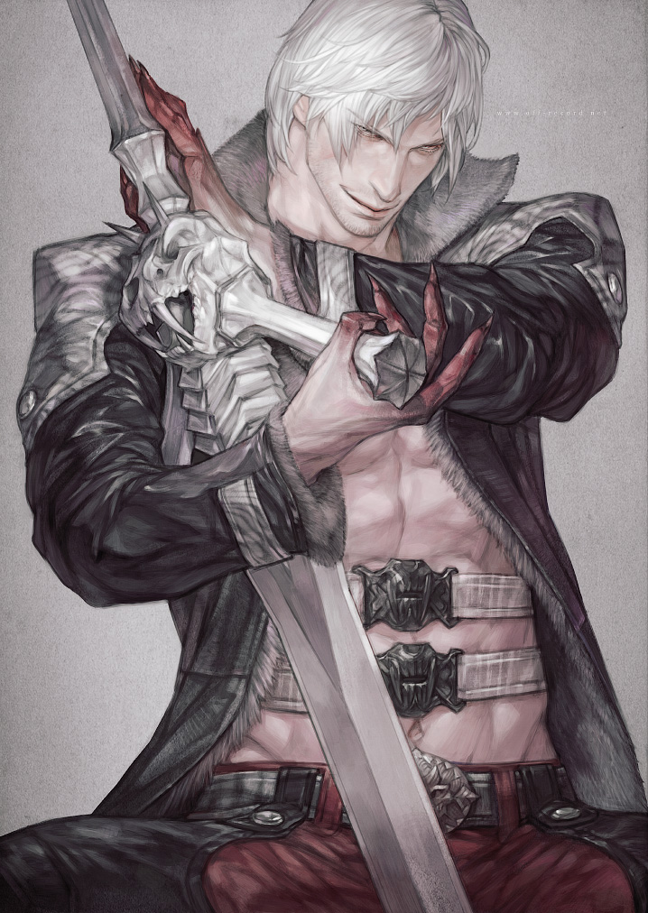 capcom chaps claws coat dante devil_may_cry facial_hair male muscle muscles navel rae rebellion_(sword) short_hair solo stubble sword weapon white_hair