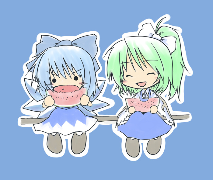 2girls artist_request bad_id blue_hair cirno daiyousei eating food fruit green_hair multiple_girls touhou watermelon wings