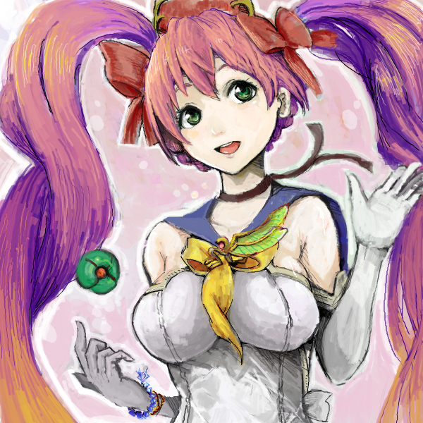 :d bangs bare_shoulders beads bomb bow bracelet braid breasts bust elbow_gloves gloves gradient_hair green_eyes hair_between_eyes hair_bow headdress jewelry kenshin large_breasts long_hair multicolored_hair mushihime-sama mushihime-sama_futari neck_ribbon open_mouth orange_hair pendant pink_hair purple_hair reco ribbon school_uniform serafuku shirt side_braid sleeveless sleeveless_shirt smile solo throwing twintails very_long_hair waving white_gloves