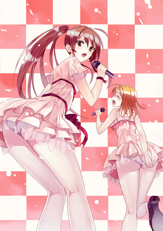 ass blonde_hair blush brown_hair checkered checkered_background closed_eyes dress dress_tug embarrassed eyes_closed from_behind leg_lift long_hair looking_at_viewer matsui_hiroaki microphone multiple_girls open_mouth panties panties_over_pantyhose pantyhose pantyshot pink pink_background pink_dress ponytail red_eyes shoes source_request tears tokuyama_kyoutei underwear white_legwear