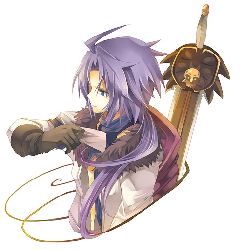 ahoge black_eyes black_gloves decus fruit_punch fur_trim gloves long_hair male paper ponytail purple_hair smile solo sword tales_of_(series) tales_of_symphonia tales_of_symphonia_knight_of_ratatosk weapon